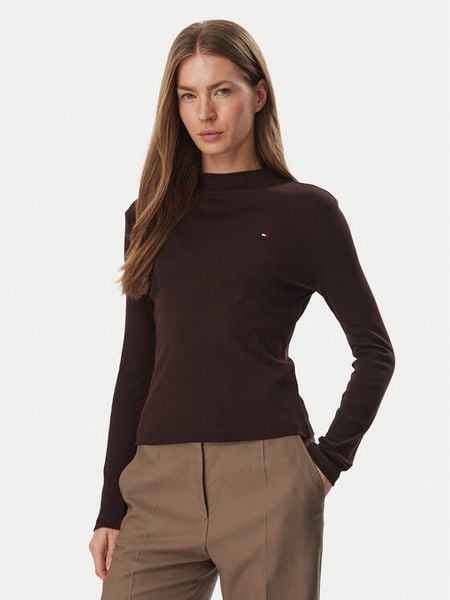 Tommy Hilfiger Bluzka Cody WW0WW47307 Brązowy ciemny Slim Fit. Brązowe bluzki damskie Tommy Hilfiger, m, bez wzorów, z bawełny, bez ramiączek. Za 249.99 zł.