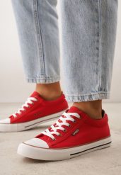 Czerwone Klasyczne Trampki do Kostki z Lamówką przy Podeszwie Kasiope. Czerwone trampki i tenisówki damskie Born2be, bez wzorów, z jeansu. Za 59.99 zł.