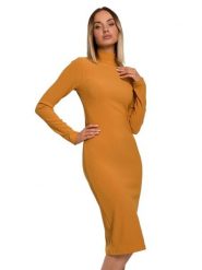 Made of emotion Sukienka w kolorze musztardowym rozmiar: M. Brązowe sukienki damskie Made Of Emotion, m, bez wzorów, prążkowane, bez kołnierzyka, bez ramiączek, maxi. Za 109.26 zł.