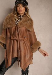 Brązowy Płaszcz Ozdobiony Futerkiem z Wycięciami Wiązany w Pasie Toriadia. Brązowe płaszcze damskie Renee, z aplikacjami, z jeansu, eleganckie. Za 199.99 zł.