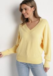 Żółty Sweter z Dekoltem w V z Domieszką Kaszmiru Mariara. Żółte swetry klasyczne damskie Born2be, uniwersalny, z jeansu, bez kołnierzyka. Za 109.99 zł.