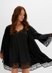 Szlafrok kimono + koszulka nocna (kompl. 2-częściowy). Czarne koszule nocne damskie bonprix, bez wzorów, z koronki. Za 142.99 zł.