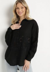 Czarna Koszula z Lnem o Kroju Oversize z Ażurowymi Zdobieniami Dannilea. Czarne koszule damskie Born2be, l, z aplikacjami, z bawełny, klasyczne, bez kołnierzyka, bez ramiączek. Za 109.99 zł.