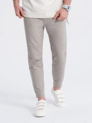 Męskie spodnie dresowe joggery na gumce z przeszyciami – popielate V1. Szare spodnie dresowe męskie Ombre Clothing, z aplikacjami, z dresówki. W wyprzedaży za 59.99 zł.
