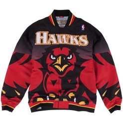 Kurtka rozgrzewająca Nba Authentic Atlanta Hawks. Czarne kurtki męskie Mitchell & Ness, bez wzorów, sportowe, bez kaptura. W wyprzedaży za 491.50 zł.