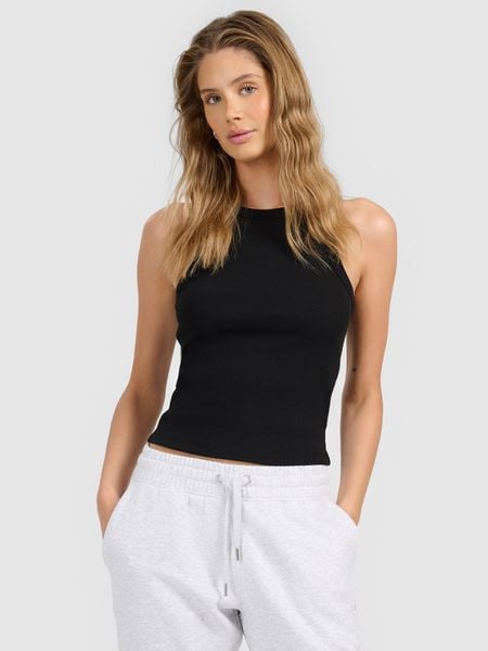 4F Top slim z prążkowanej dzianiny damski - czarny S. Czarne topy damskie 4f, l, bez wzorów, z dzianiny, bez kołnierzyka. Za 49.99 zł.