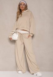 Beżowy Komplet Dresowy z Wiskozą Bluza i Spodnie o Szerokim Kroju Lisanora. Brązowe bluzy z kapturem damskie Renee, z dresówki. Za 169.99 zł.