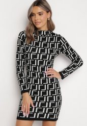 Czarno-Biała Sukienka Mini ze Sweterkowego Materiału w Geometryczny Wzór Lenikes. Czarne sukienki damskie Born2be, bez wzorów, z bawełny, bez kołnierzyka, bez ramiączek, mini. W wyprzedaży za 71.99 zł.