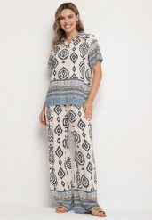Niebieski Wiskozowy Komplet Bluzka i Szerokie Spodnie we Wzór Boho Jelkio. Niebieskie spodnie materiałowe damskie Born2be, bez wzorów, z wiskozy, boho. Za 109.99 zł.