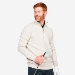 Sweter do golfa męski Inesis MW500. Brązowe kardigany męskie INESIS, m, bez wzorów, z bawełny, eleganckie, bez kołnierzyka. Za 99.99 zł.