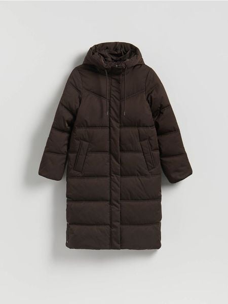 Długa kurtka z kapturem - ciemnobrązowy. Brązowe kurtki damskie Reserved, l, bez wzorów, z tkaniny, z kapturem. Za 259.99 zł.