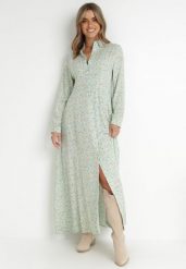 Niebiesko-Zielona Sukienka Perippe. Zielone sukienki damskie Born2be, na imprezę, l, z aplikacjami, bez kołnierzyka, bez ramiączek, maxi, koszulowe. Za 89.99 zł.
