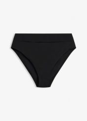 Figi bikini z wysoką talią, szybkoschnące, z wysokim wycięciem na nogi. Czarne bikini damskie bonprix, bez wzorów. Za 67.99 zł.