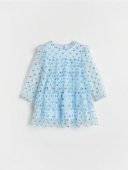 Tiulowa sukienka w gwiazdki - jasnoniebieski. Niebieskie sukienki dziewczęce Reserved, bez wzorów, z tiulu, bez ramiączek. W wyprzedaży za 27.99 zł.