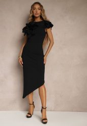 Czarna Koktajlowa Asymetryczna Sukienka Vices z Kwiatem 3D i Falbankami Tolelira. Czarne sukienki damskie Renee, na imprezę, na lato, l, bez wzorów, eleganckie, z asymetrycznym kołnierzem, bez ramiączek, asymetryczne. W wyprzedaży za 90.99 zł.