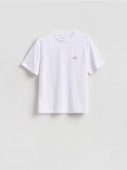 T-shirt relaxed z nadrukiem na plecach - biały. Białe t-shirty męskie Reserved, l, bez wzorów, z bawełny, bez kołnierzyka. Za 69.99 zł.