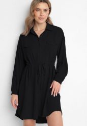 Czarna Koszulowa Sukienka z Bawełną i Wiązaniem w Pasie Ulalienna. Czarne sukienki damskie Born2be, na co dzień, l, z aplikacjami, z bawełny, eleganckie, bez kołnierzyka, bez ramiączek, midi, koszulowe. W wyprzedaży za 63.99 zł.