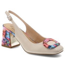 Czółenka damskie S.Barski, slingback ze skóry naturalnej z kolorowym obcasem i ozdobną klamrą z regulowanym paskiem, różowe, LZ61-2010. Brązowe czółenka damskie S.BARSKI, bez wzorów, ze skóry, bez obcasa, na obcasie. Za 233.90 zł.