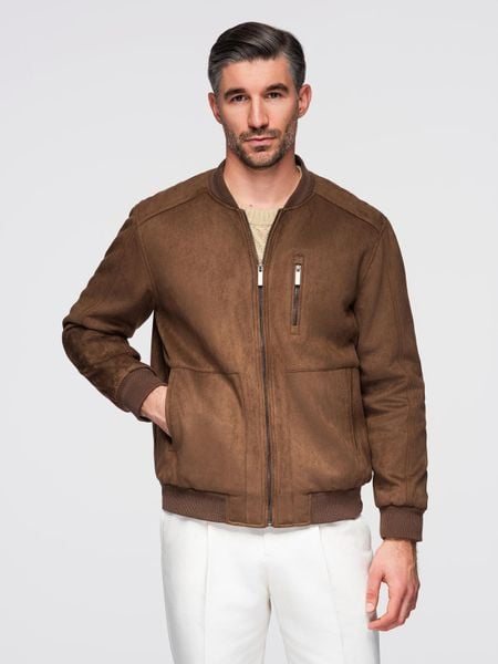 Kurtka bomberka męska z imitacji zamszu - brązowa V1 - Rozmiar: XL. Brązowe kurtki męskie Ombre Clothing, l, z aplikacjami, z materiału, wizytowe, bez kaptura. Za 399.99 zł.