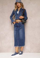Niebieska Jeansowa Spódnica Midi z Paskiem i Ozdobnym Rozcięciem Amaias. Niebieskie spódniczki damskie Renee, xs, bez wzorów, z jeansu, midi. Za 59.99 zł.