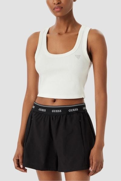 GUESS Biały krótki damski tank top Silvy Rib, Rozmiar M. Białe topy damskie Guess, m, z aplikacjami, z materiału, bez kołnierzyka. W wyprzedaży za 119.99 zł.