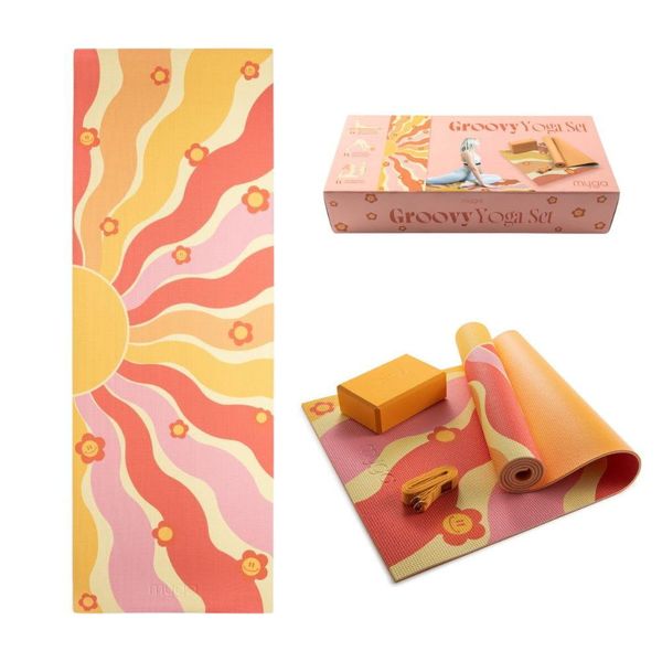 Zestaw do jogi myga Groovy Yoga Set: mata, klocek, pasek. Brązowe paski męskie Myga, bez wzorów, z materiału, eleganckie. Za 149.99 zł.