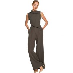 Elegancki Kombinezon z Wywijanym Kołnierzem - Khaki. Brązowe kombinezony damskie MOE, l, bez wzorów, z lycry, eleganckie, bez kołnierzyka, bez ramiączek. Za 298.90 zł.