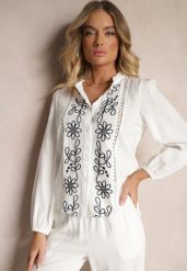 Biała Koszula z Wiskozą Bawełną i Haftem Nalorielle. Białe koszule damskie Renee, l, z aplikacjami, z bawełny, eleganckie, bez kołnierzyka, bez ramiączek. Za 79.99 zł.