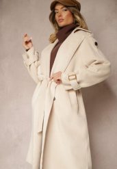 Beżowy Dwurzędowy Płaszcz Trencz o Eleganckim Kroju z Paskiem Edioneta. Brązowe płaszcze damskie Renee, l, bez wzorów, z jeansu, biznesowe. Za 219.99 zł.