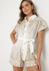 Biały Bawełniany Kombinezon z Haftem z Kołnierzykiem i Wiązanym Paskiem Ulisana. Białe kombinezony damskie Born2be, l, bez wzorów, z bawełny, eleganckie, bez kołnierzyka, bez ramiączek, krótkie. Za 119.99 zł.