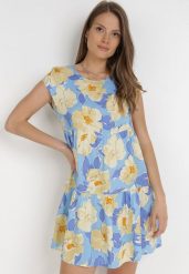 Niebieska Sukienka Taphissis. Niebieskie sukienki damskie Born2be, l, bez wzorów, z tkaniny, bez kołnierzyka, bez ramiączek, mini. W wyprzedaży za 51.99 zł.