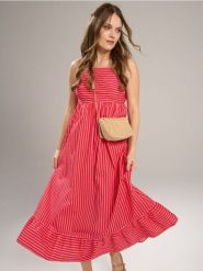 Bawełniana sukienka midi na ramiączkach w paski - wielobarwny. Sukienki damskie Sinsay, l, bez wzorów, z bawełny, bez kołnierzyka, bez ramiączek, midi. Za 59.99 zł.