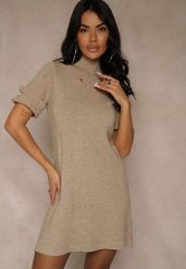 Beżowa Sukienka Sweterkowa o Trapezowym Kroju z Perełkami Liatusea. Brązowe sukienki damskie Renee, na co dzień, l, bez wzorów, z dzianiny, bez kołnierzyka, bez ramiączek, trapezowe. Za 89.99 zł.