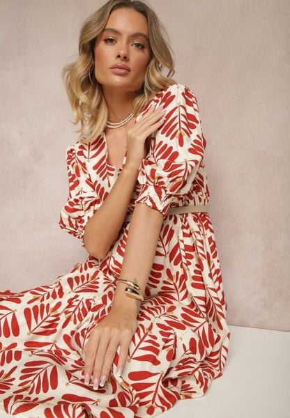 Czerwona Sukienka z Wiskozą o Rozkloszowanym Kroju w Roślinny Wzór Heledis. Czerwone sukienki damskie Renee, na co dzień, na lato, l, bez wzorów, z bawełny, eleganckie, bez kołnierzyka, bez ramiączek, maxi, rozkloszowane. Za 119.99 zł.