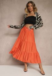Pomarańczowa Rozkloszowana Spódnica z Wiskozy Ozdobiona Wiązaniem Elliressa. Brązowe spódniczki damskie Renee, l, bez wzorów, z wiskozy, eleganckie, midi, proste. Za 39.99 zł.