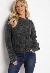 Czarny Sweter z Wełną z Ozdobnym Splotem Abrenevia. Czarne swetry klasyczne damskie Born2be, na zimę, z wełny, bez kołnierzyka. Za 74.99 zł.