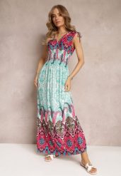 Miętowo-Fuksjowa Sukienka Maxi w Stylu Boho z Gumką w Pasie Bernette. Zielone sukienki damskie Renee, l, bez wzorów, boho, bez kołnierzyka, bez ramiączek, maxi. W wyprzedaży za 59.49 zł.