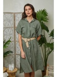 Lin Passion Lniana sukienka w kolorze khaki rozmiar: 34/36. Brązowe sukienki damskie Lin Passion, bez wzorów, ze lnu, klasyczne, bez kołnierzyka, bez ramiączek, midi. Za 192.79 zł.