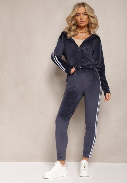 Granatowy 2-Częściowy Komplet Dresowy z Weluru z Ozdobnymi Lampasami Bluza i Spodnie Anelpe. Niebieskie bluzy bez kaptura damskie Renee, m, z dresówki. Za 79.99 zł.
