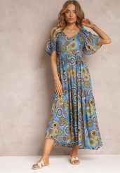 Niebieska Wiskozowa Sukienka Maxi w Kwiaty z Rozkloszowanym Dołem i Falbanką Pathna. Niebieskie sukienki damskie Renee, na co dzień, s, bez wzorów, z wiskozy, bez kołnierzyka, bez ramiączek, maxi, rozkloszowane. W wyprzedaży za 59.49 zł.