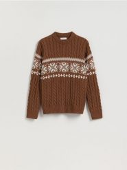 Sweter z warkoczowym splotem - brązowy. Brązowe swetry męskie Reserved, l, bez wzorów, z bawełny, bez kołnierzyka. Za 149.99 zł.