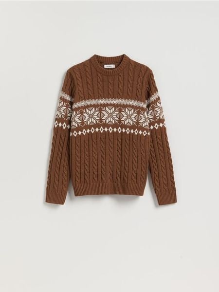 Sweter z warkoczowym splotem - brązowy. Brązowe swetry męskie Reserved, l, bez wzorów, z bawełny, bez kołnierzyka. Za 149.99 zł.