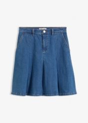 Spódnica jeansowa, z zakładkami, mid waist. Niebieskie spódniczki damskie bonprix, bez wzorów, z jeansu. Za 149.99 zł.