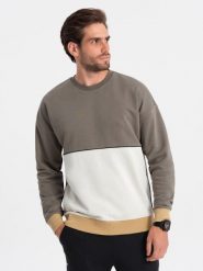 Bluza męska OVERSIZE z kontrastowym łączeniem kolorów - khaki V7 OM-SSNZ-0130 - XXL. Brązowe bluzy bez kaptura męskie Ombre Clothing, l, z bawełny. W wyprzedaży za 49.99 zł.