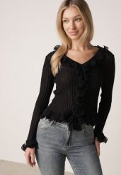 Czarna Prążkowana Bluzka z Wiskozą Ozdobiona Falbanami Pronasia. Czarne bluzki damskie Born2be, m, z aplikacjami, z materiału, eleganckie, bez kołnierzyka, bez ramiączek. Za 109.99 zł.