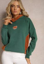 Zielona Bluza z Bawełny z Ozdobną Naszywką z Misiem i Polarowym Kapturem Hecatia. Zielone bluzy z kapturem damskie Renee, z bawełny. Za 99.99 zł.