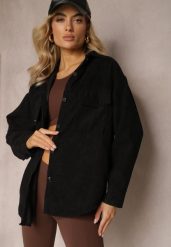Czarna Koszula z Guzikami ze Sztruksowego Materiału Ilwenita. Czarne koszule damskie Renee, l, bez wzorów, z jeansu, eleganckie, bez kołnierzyka, bez ramiączek. Za 49.99 zł.