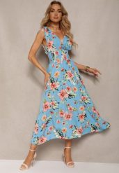 Niebieska Kwiecista Sukienka z Gumką w Talii i Trójkątnym Dekoltem ze Ściągaczami Taseria. Niebieskie sukienki damskie Renee, na imprezę, na lato, l, bez wzorów, bez kołnierzyka, bez ramiączek, maxi, rozkloszowane. Za 69.99 zł.