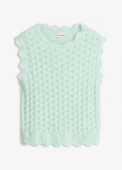 Top dzianinowy z czystej bawełny. Zielone topy damskie bonprix, w ażurowe wzory, z bawełny, bez kołnierzyka. Za 47.99 zł.