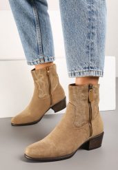 Ciemnobeżowe Botki na Obcasie w Stylu Kowbojek z Ozdobnym Suwakiem Reathirae. Brązowe botki damskie Born2be, eleganckie, bez obcasa, na obcasie, bez zapięcia. Za 139.99 zł.